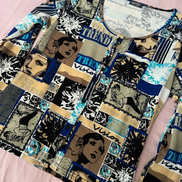 Y2K Euro Inspired Graphic Print Women's Blouse - Blue and Tan - Picture 2 of 5